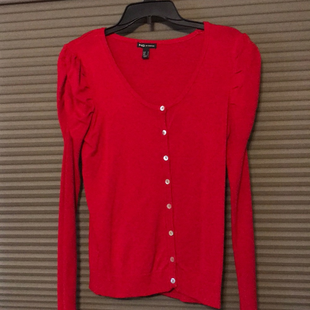 Bright red cardigan